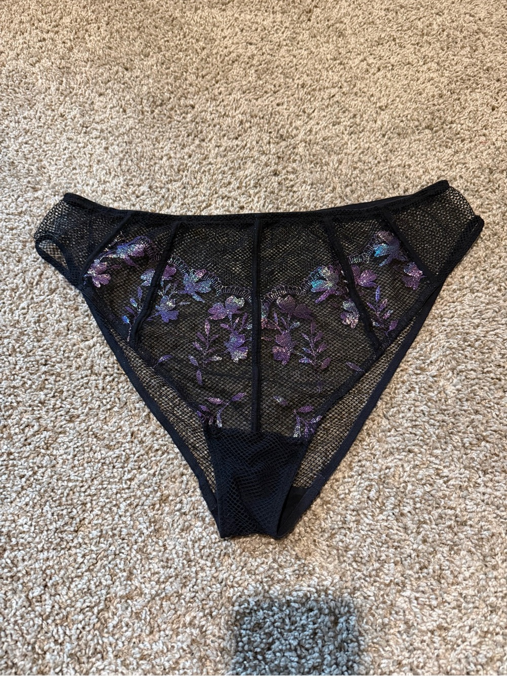 Savage X Fenty Black Sheer Floral Mesh Panty with Purple metallic Embroidery